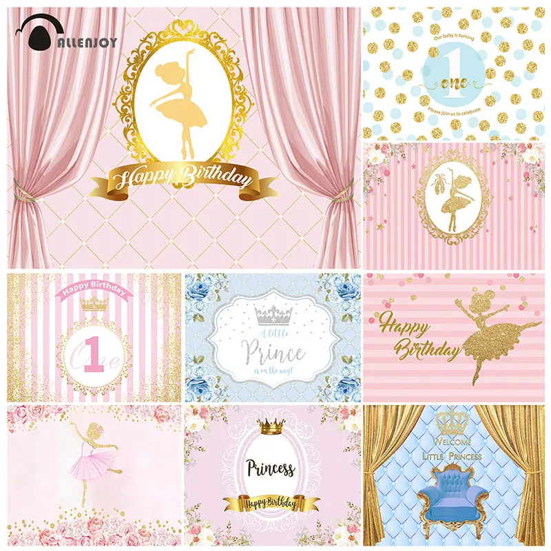 

Allenjoy Princess Birthday Party Backdrops Pink Ballet Crown Golden Glitter Photography Wallpaper Boy Girl Prince Background