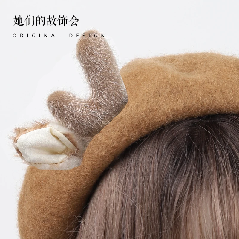 Sweet Women Hat Beret Wool Cute Deer Ears Winter Christmas Lolita Head Wear