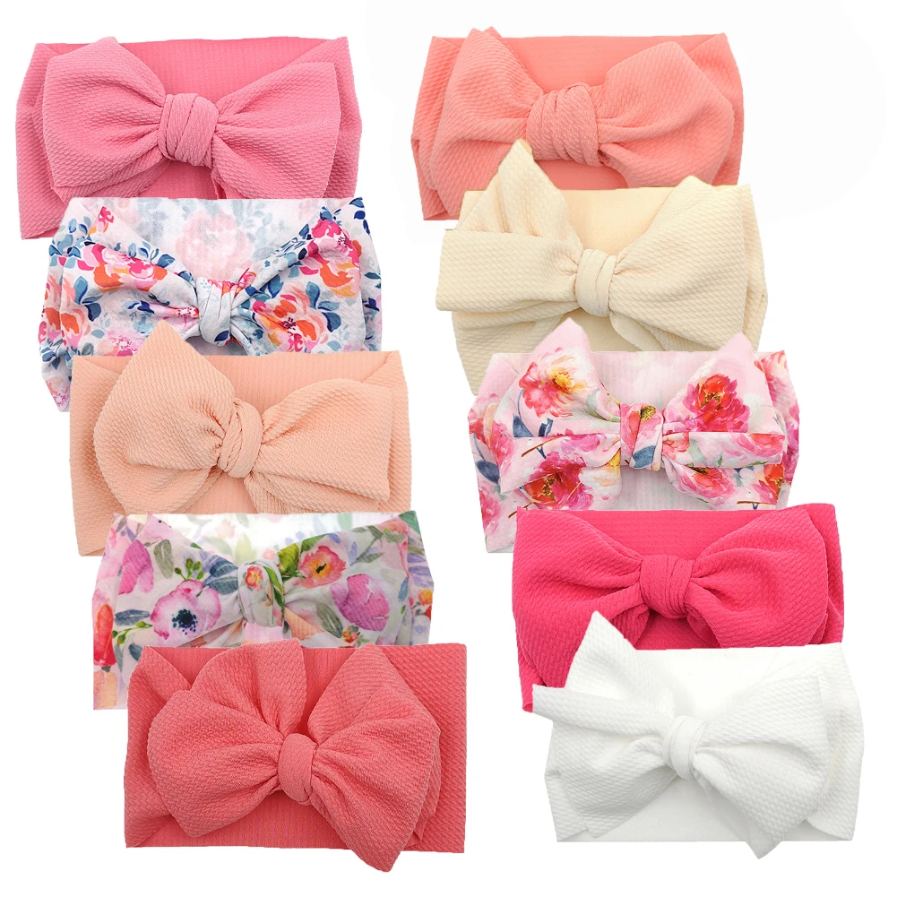 10Pcs/Lot Solid Bullet Baby Headbands Hair Bow Knot Hairbands Princess Girls Flower Print DIY Headwraps Kids Photography Props