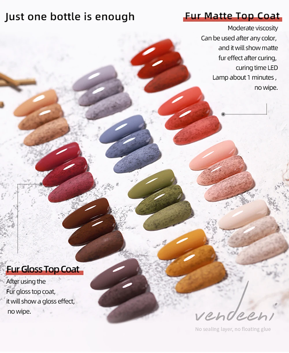 Vendeeni 15ml Faux-Fur-Effekt Gel-Nagellack, Top- und Base-Coat erforderlich, Matt-Effekt UV Soak-Off Gel-Lack, Nagelkunst-Maniküre-Gel – Detail 5