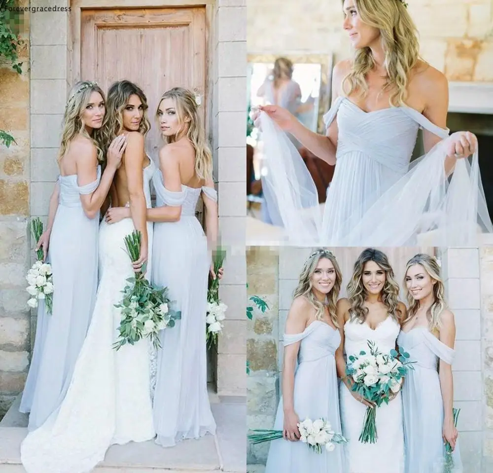 

Draped Off-shoulder Beach Boho Long Blue Bridesmaid Dress Cheap Garden Wedding Party Guest Maid of Honor Gown Plus Size