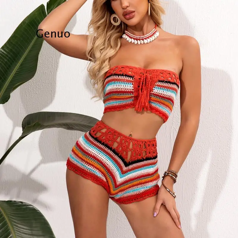 Colorful Striped Strapless Crochet Tube Crop Top and Skirt Summer Beach Women 2 Piece Set Dress Girls Bikini Beachwear