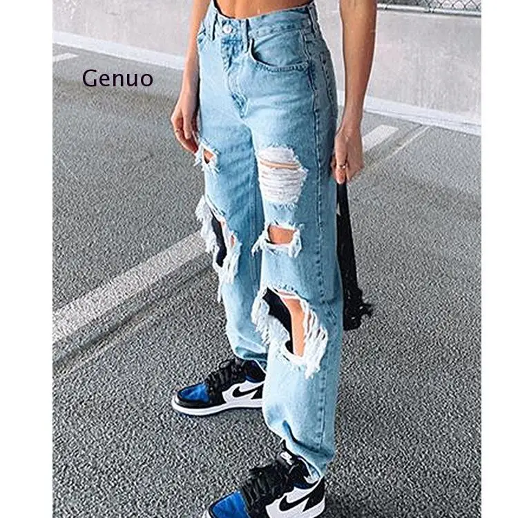 Women's Casual Hole Bleached Ripped Jeans Autumn Fashion Mid-Waist Button Straight Jeans