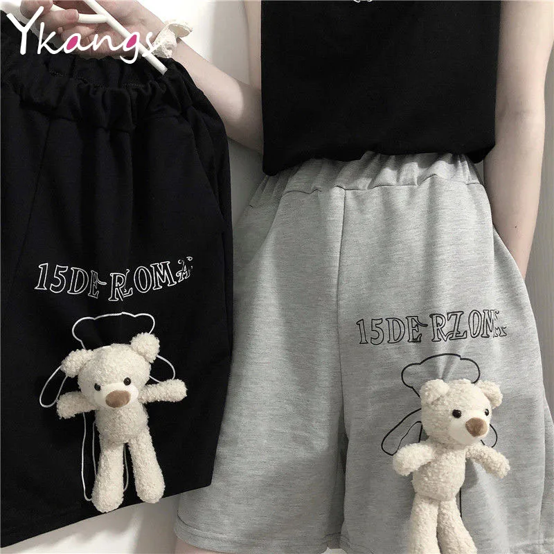 with Bear pendant harajuku vintage streetwear shorts women korean solid casual elastic high waist wide leg running shorts Female