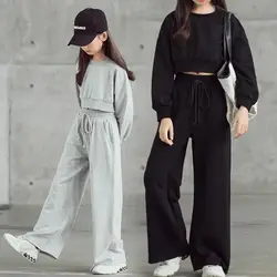 2026 spring winter Kids tracksuit Children Girls Clothes Casual crop top T-Shirt + wide leg Pant Suit Teenager 4 8 to 10 12 year