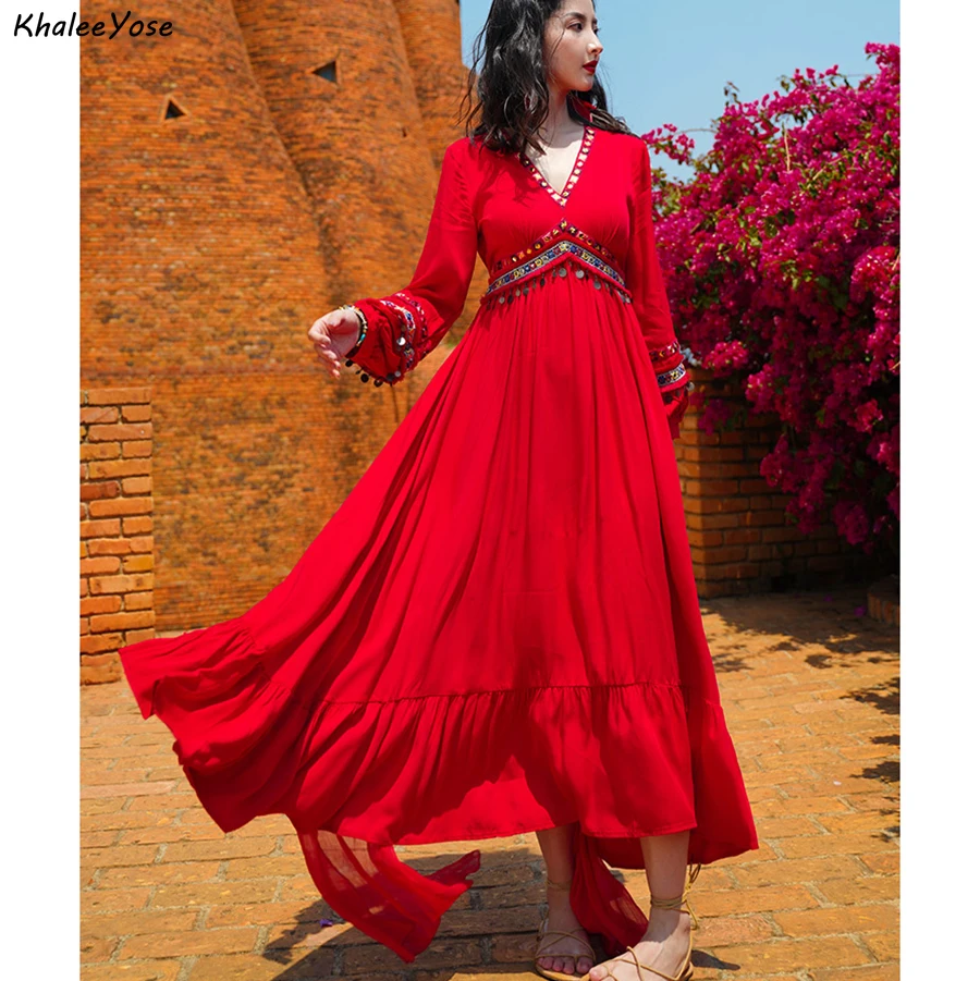 Khalee Yose Floral Embroidery Maxi Dress Red Vintage Chic Autumn Long Sleeve Dresses Women V-neck Ruffles Female Ladies Dress