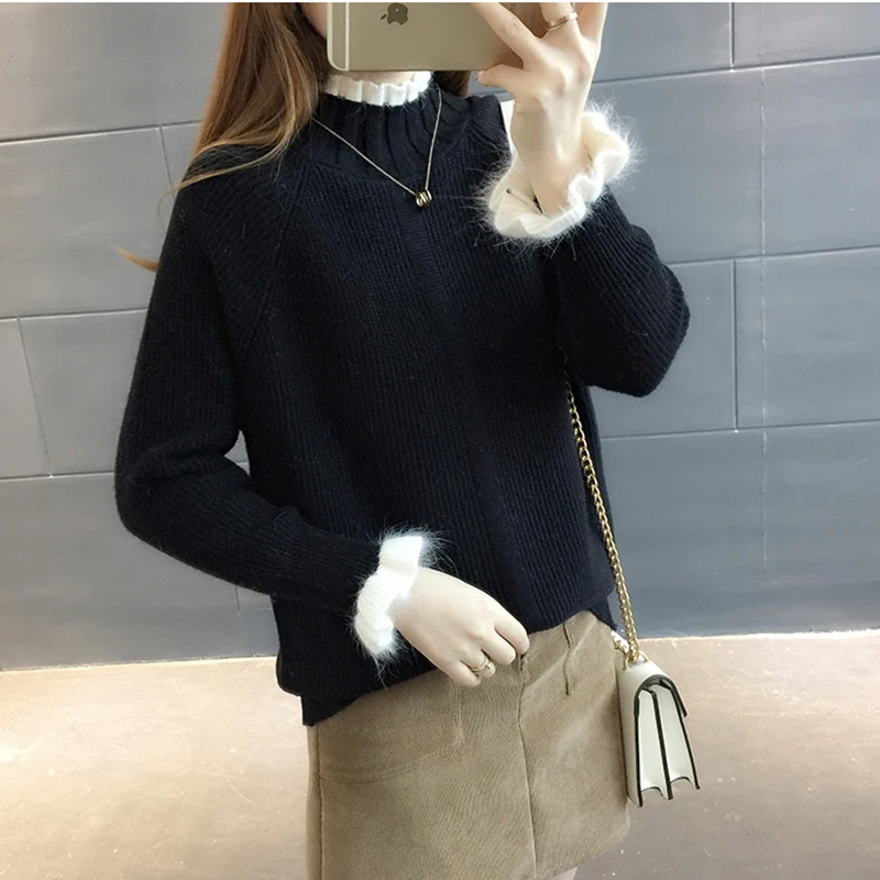 Women Sweaters Pullovers 2020 Autumn Winter Ruffles Sleeve Turtleneck Tops Knitwear Pull Femme Casual Woman Sweater Pullover