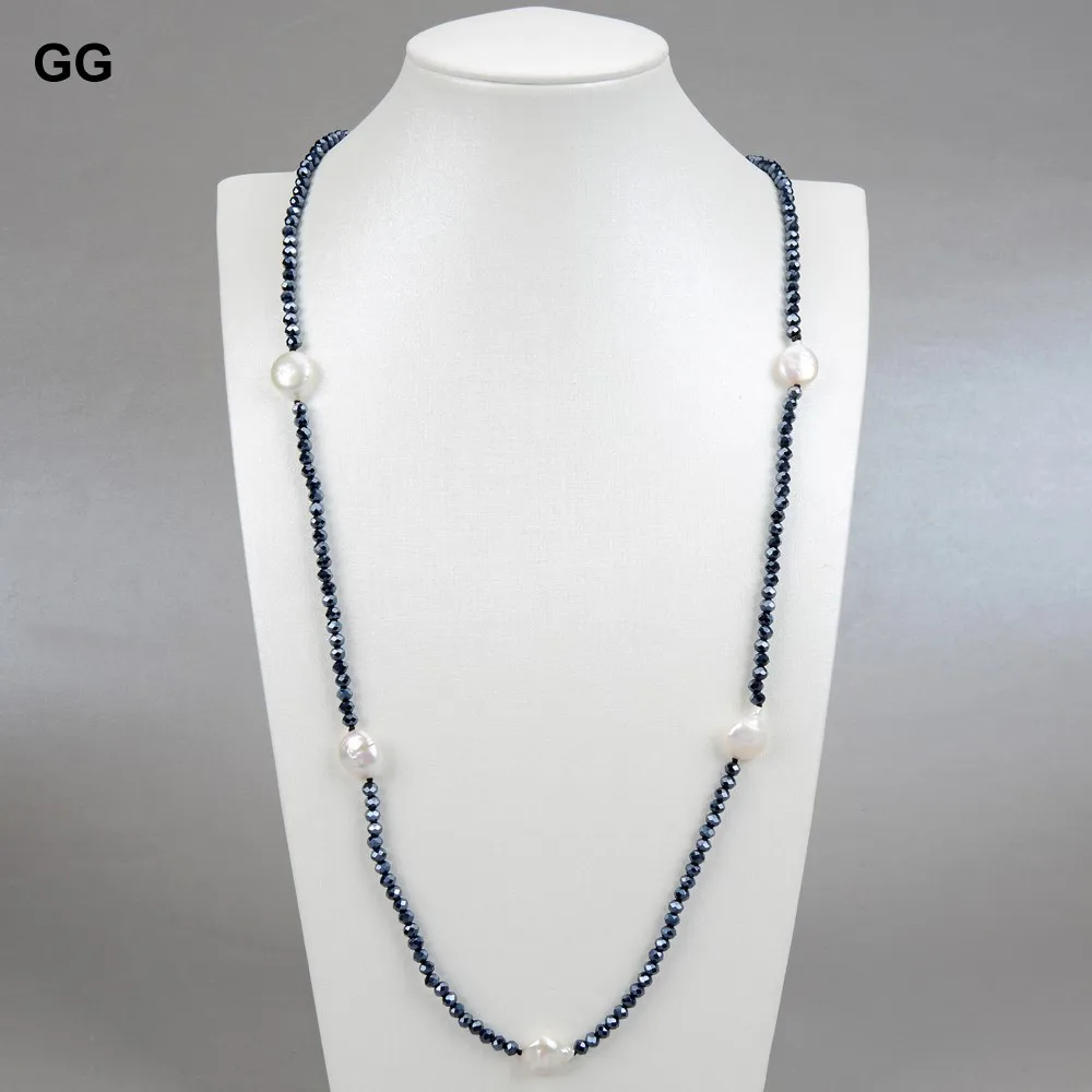 GuaiGuai Jewelry 48'' Natural Freshwater Cultured White keshi Pearl Black Crystal Long Necklace For Women