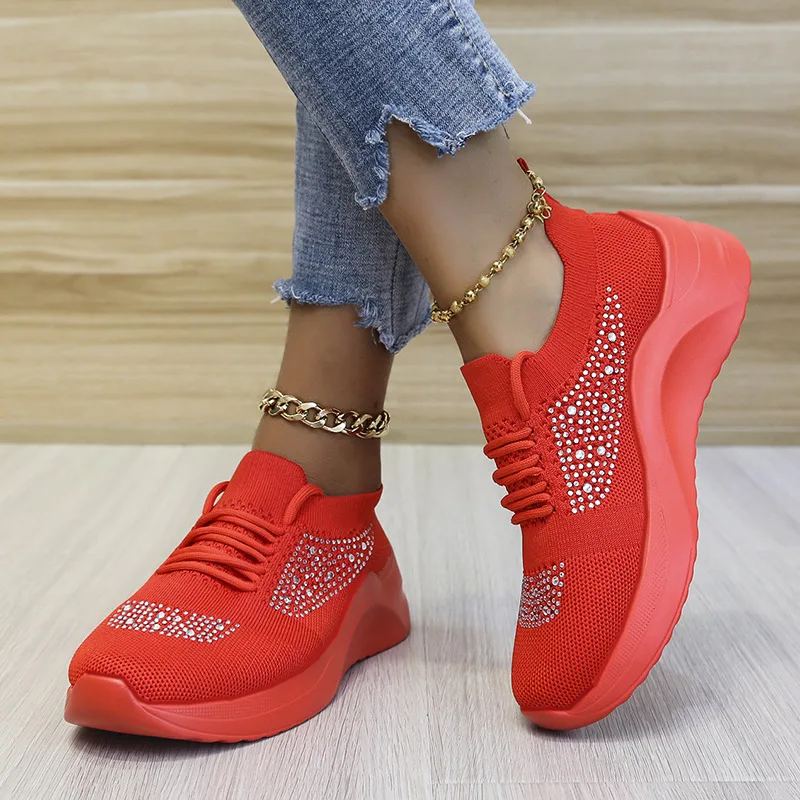 44Women Sneakers  Summer Plus Size  Breathable Knitted Women's Running Shoes Vulcanized Shoe Rhinestone Casual Lace Up 2021