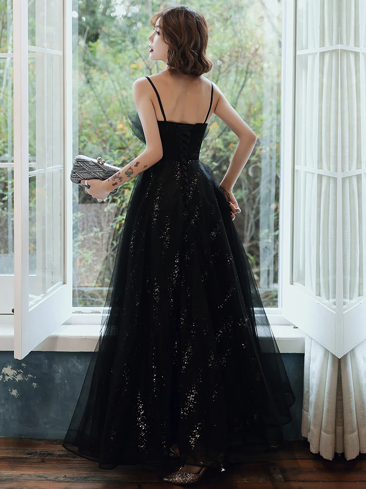 Sexy Evening Dress 2020 New Fashion a Line Spaghetti Strap Black Prom Dress Backless Shinning Sequins Banquet Party Dresses