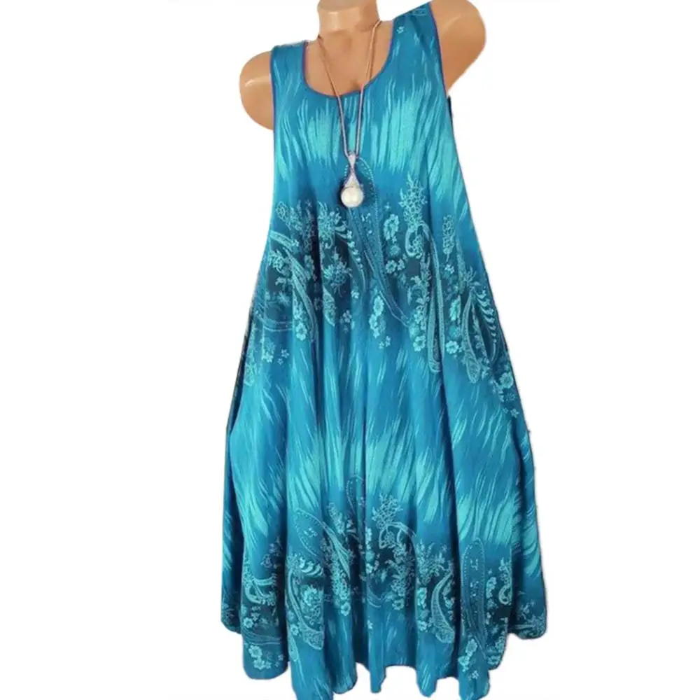 Hot Sales!!! Women Summer Floral Print Round Neck Sleeveless Loose Pleated Plus Tank Dress