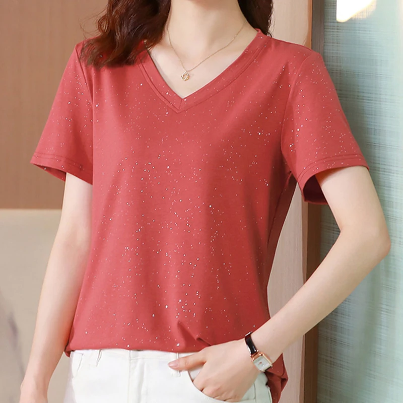 Sequins Shiny V-Neck T Shirt Women Tshirt Short Sleeve T-Shirts Summer Tops Korean Style Woman Clothes Tee Shirt Femme Camisetas