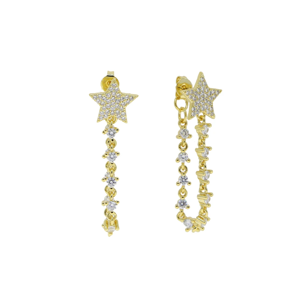 New Arrive Bling CZ Paved With Tassel Chain Star Shaped Multi Piercing Double Sided Fashion Gold Plated Earring For Women