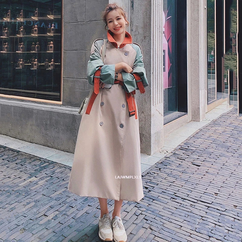 2021 Korean New Autumn Fashion Color Block Trench Coat Women Streetwear Red Belt Pocket Coat Trench Coat Women Spring FY135