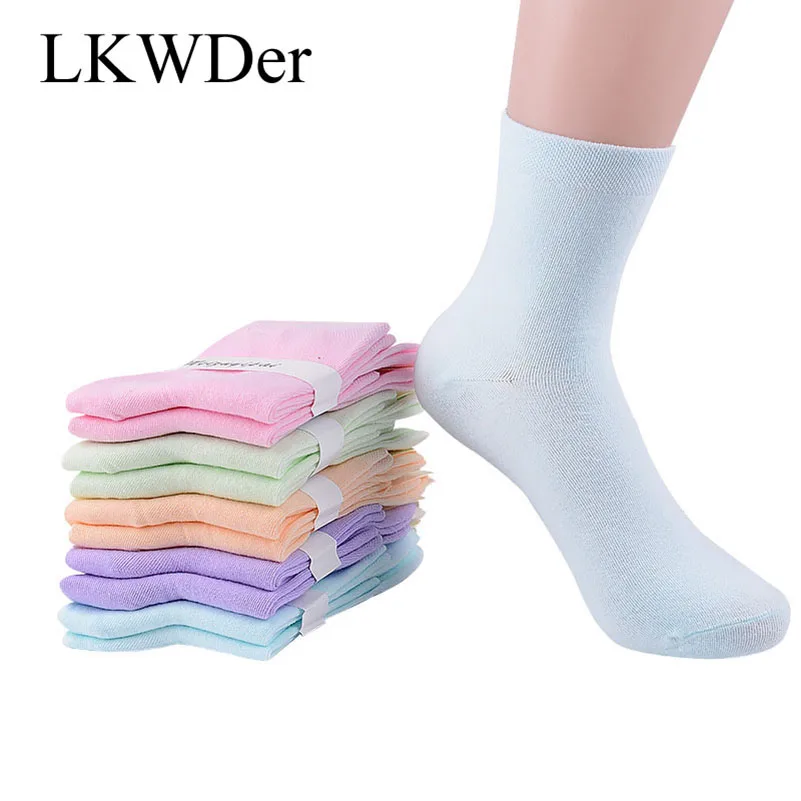 

LKWDer 5 Pairs Womens Socks Spring Autumn Long Tube Female Cotton Socks Candy Color College Style Ladies Girl Stripes Sock Meias