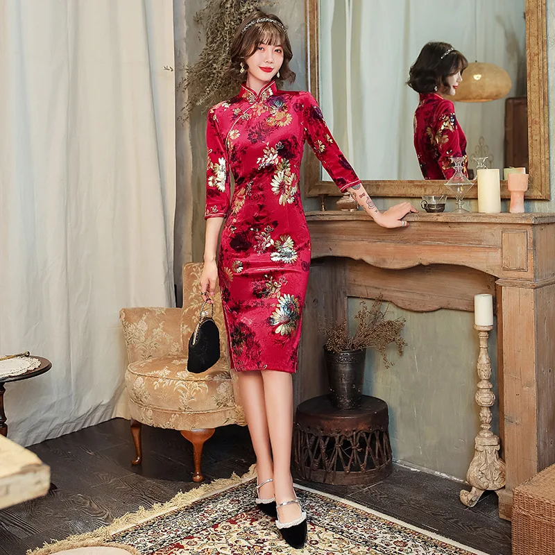 2021 Autumn Winter Cheongsam Stand Collar Fashion Velvet Dress Chinese Traditional Dresses Qipao