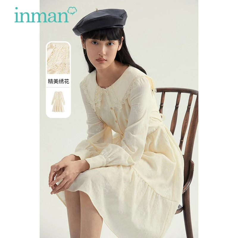 INMAN Autumn Spring Women\'s Dress Elegnat Retro Hollow Embroidered Lapel Pastoral Fresh Slim Long Sleeve A-Line One-Piece