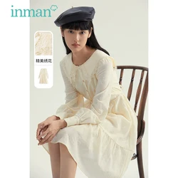 INMAN Autumn Spring Women's Dress Elegnat Retro Hollow Embroidered Lapel Pastoral Fresh Slim Long Sleeve A-Line One-Piece