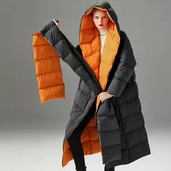 Übergroßen kapuzen fluffy Unten jacke weibliche neue mode schwarz lange gepolsterte knie zu ankle mit kapuze weiße ente unten winter mantel f485