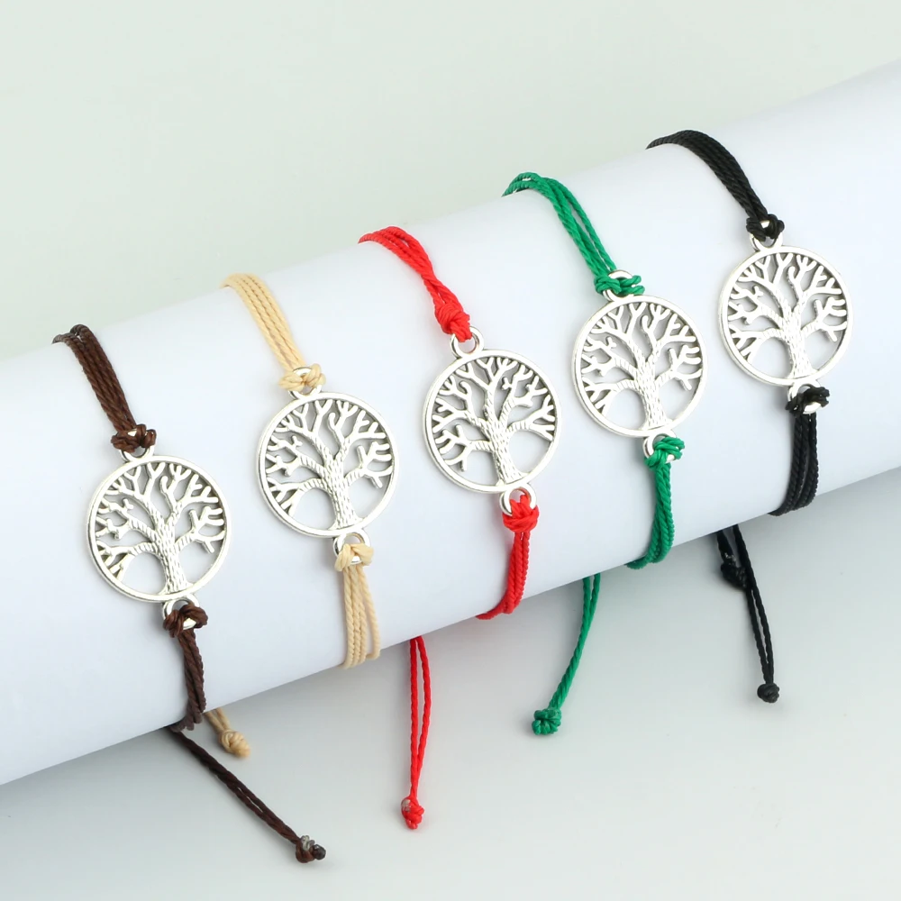 26Colors Wax Thread Braided Bracelets Charm Silver-Color Tree of Life String Bracelet Adjustable Bangles Friendship Gift Jewelry