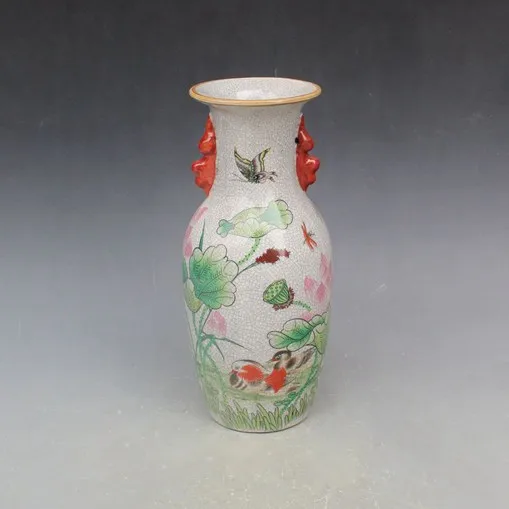 

Qing Qianlong pastel mandarin duck play lotus crack Elephant Ear bottle home display cabinet antique ornaments