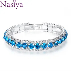 925 Silver Bracelets Full Zircon Charm Bangles Bracelets Sapphire Blue Emerald Green for Women Wedding Engagement