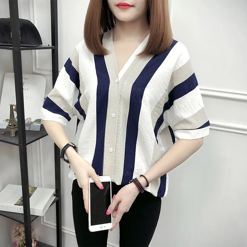 Wanita Bergaris Blus Kemeja Setengah Lengan Blus V-Leher Kemeja Kasual Tops Blus Et Chemisier Femme Blusas Mujer De Moda