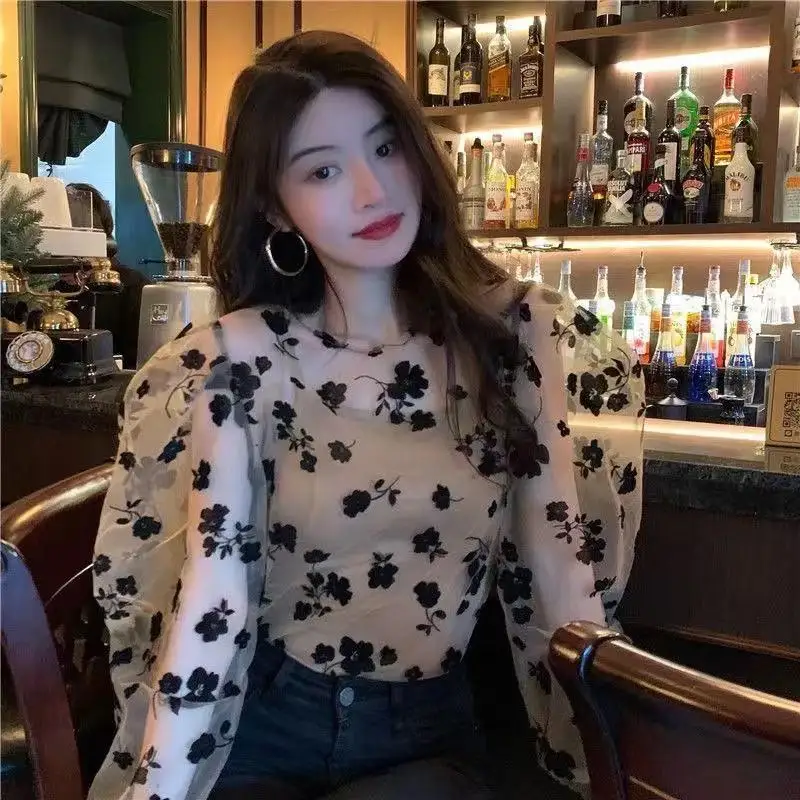 Sets Women Mesh Blouse Tops Floral Fashion Summer 2021 Lantern Sleeve Korean Style O-Neck Camisoles Tender Ins 2 Pieces Outfits