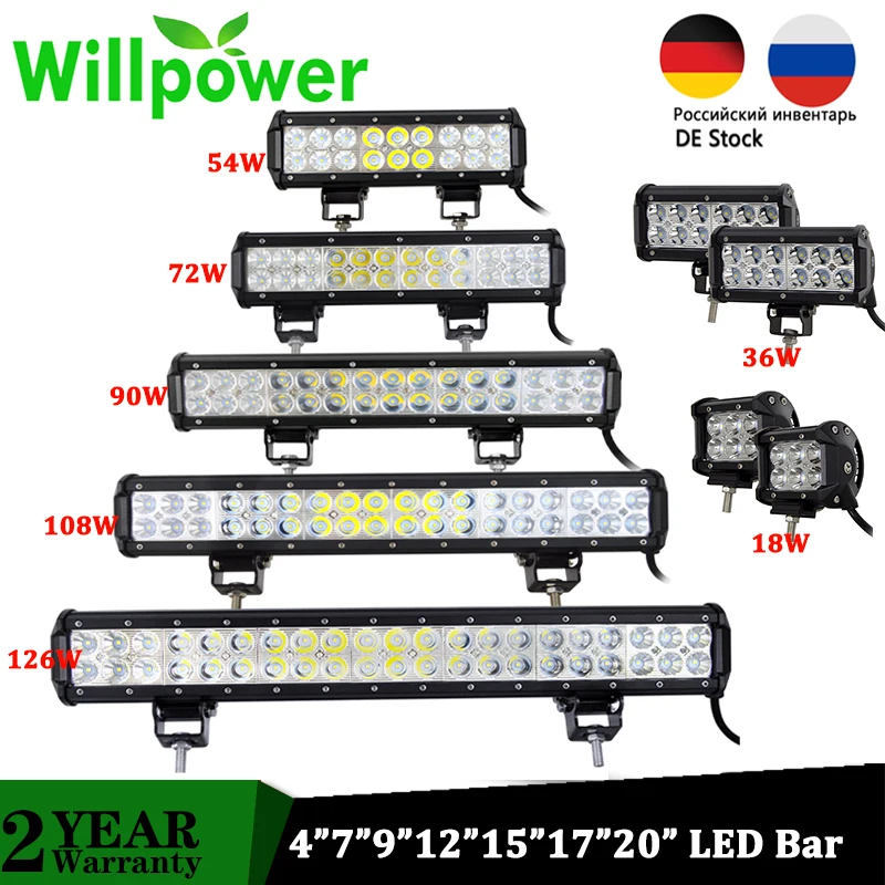 

Willpower 18W 36W 72W 108W Offroad LED Bar 4" 20" Inch Driving Lights for Car Truck Tractor ATV SUV 4X4 4WD 12V 24V