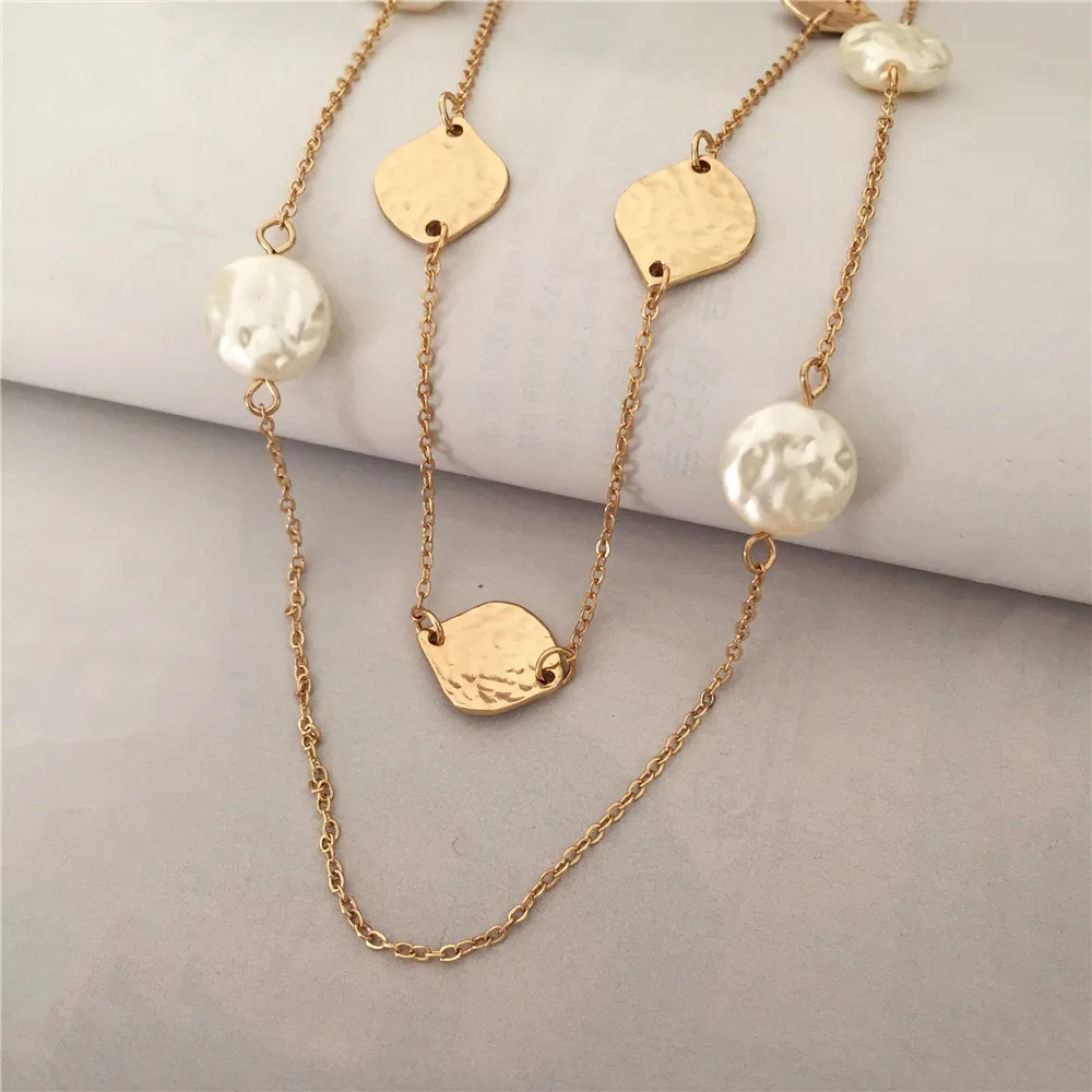 Vintage Metal Design Chain Pendant Pearl Sweater Necklace Fashion Wedding Engagement Charm Jewelry Wholesale