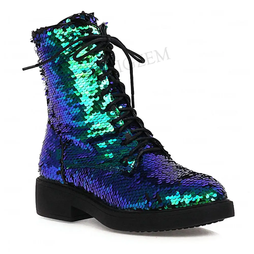 LAIGZEM Women Ankle Boots Sequined Glitter Square Heels Short Booties Side Zip Ladies Female Shoes Woman Large Size 33 41 42 43