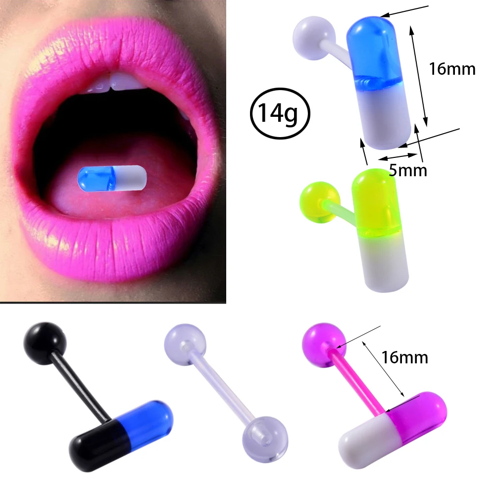 1pc Unique Capsule Tongue Barbell Ring Tragus Stud Piercing 1.6X16mm Soft Acrylic Pill Tongue Piercing Rings Body Jewelry