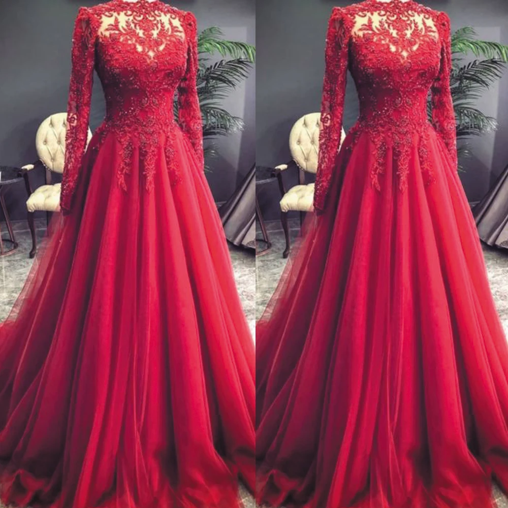 SuperKimJo Vintage Prom Dresses Long Sleeve Lace Applique Beaded Elegant Red Prom Gown 2021 Robe De Soiree