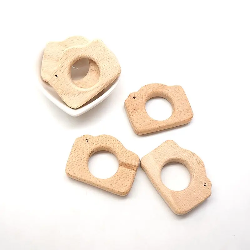 Chenkai 5pcs Camera Wooden Teether Nature Baby Rattle Teething Grasping Toy DIY Organic Eco-friendly Wood Teething Accessories