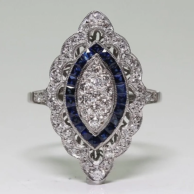 Antique Art Deco Silver Sapphire and Diamond Ring Bridal Wedding Marriage Engagement