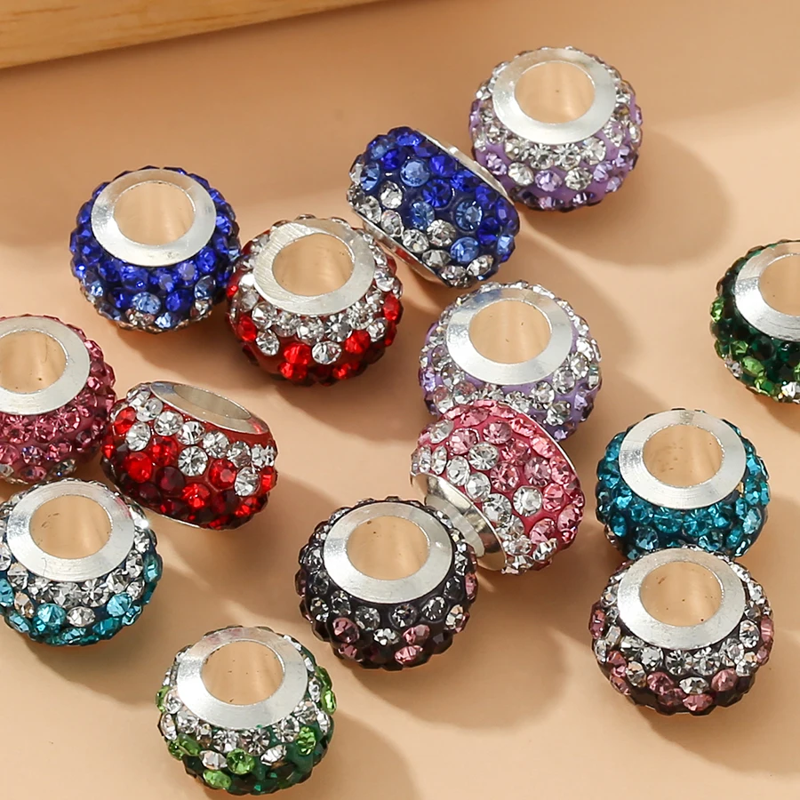 Buipoey 2pcs Clay Gradient Rhinestone Beads Big Hole Straight Through Beaded Fit Bracelet Necklace Diy Jewelry Making Accessory