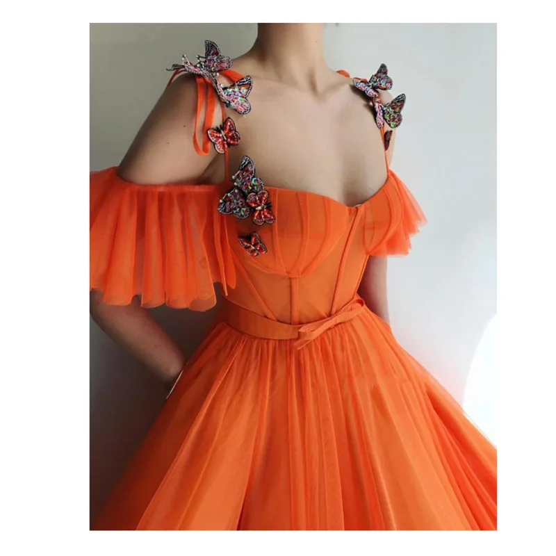 Fashion Off The Shoulder Prom Dress Orange Princess Dress Tulle With Butterfly Backless Floor Length Evening Gown Party Dress