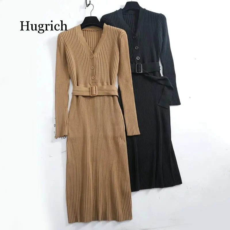 Autumn Winter Knit Long Dress Women Casual V Neck Slim Bodycon Sweater Dresses Office Lady Thick Button Dress with Belt