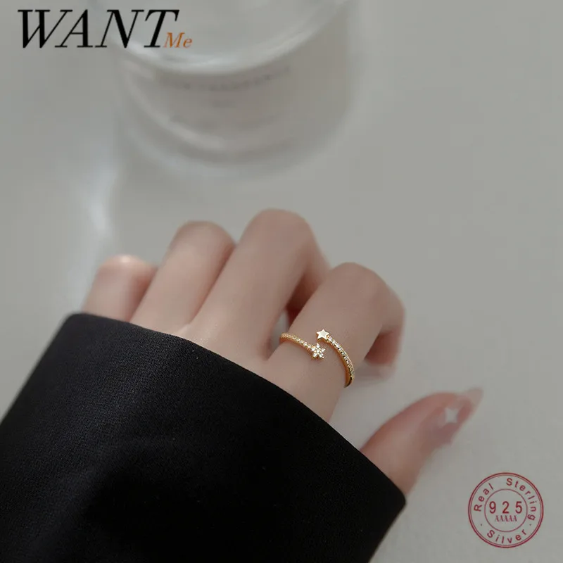 

WANTME 925 Sterling Silver Luxury Crystal Zircon Star Open Finger Ring for Women Simple Trendy Exquisite Party Statement Jewelry