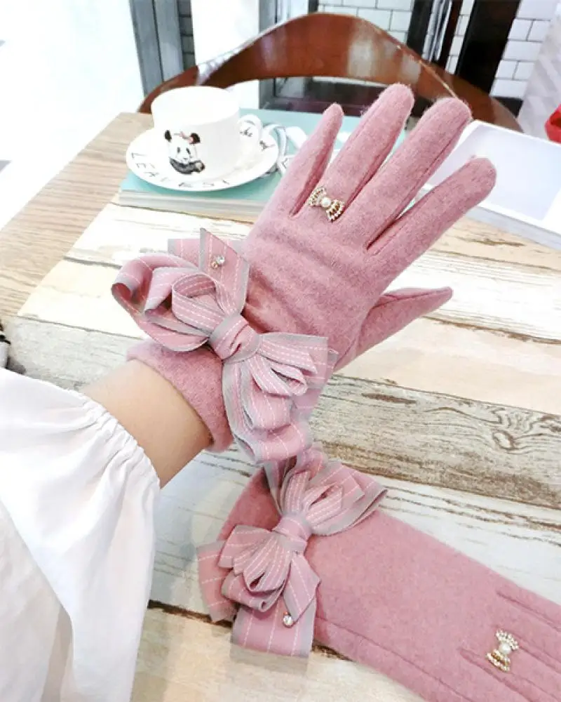 Striped Bow Cashmere Gloves Korean Ladies Winter Gloves Fashion Cute Touch Screen Five Finger Cashmere Warm Women Gloves A431