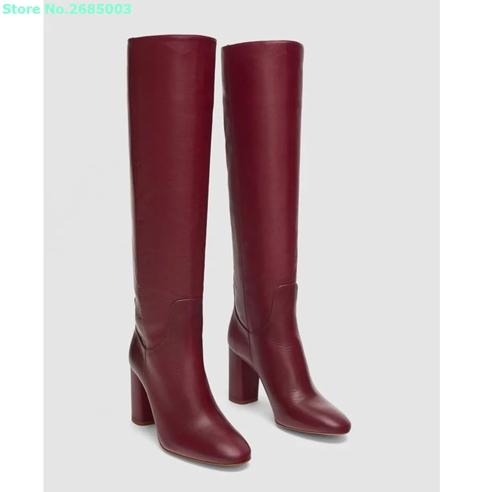 Burgundy Leather Knee High Boots Pointed Toe Thick High Heels Solid Slip On Women Autume Winter Party Dress Boots Shoes