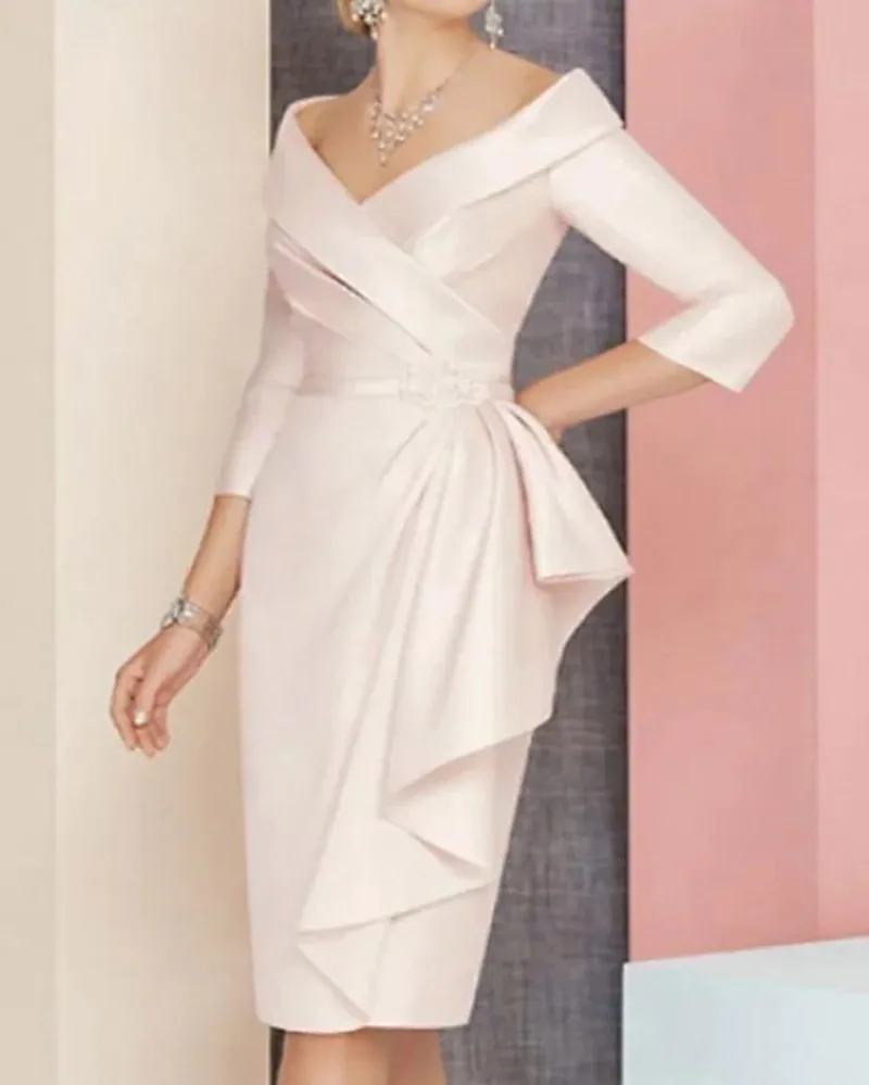 

Graduation Cocktail Party Dress 2022 Plus Size Elegant Vintage V Neck Knee Length Satin 3/4 Sleeves Prom Gowns Robe De Soriee