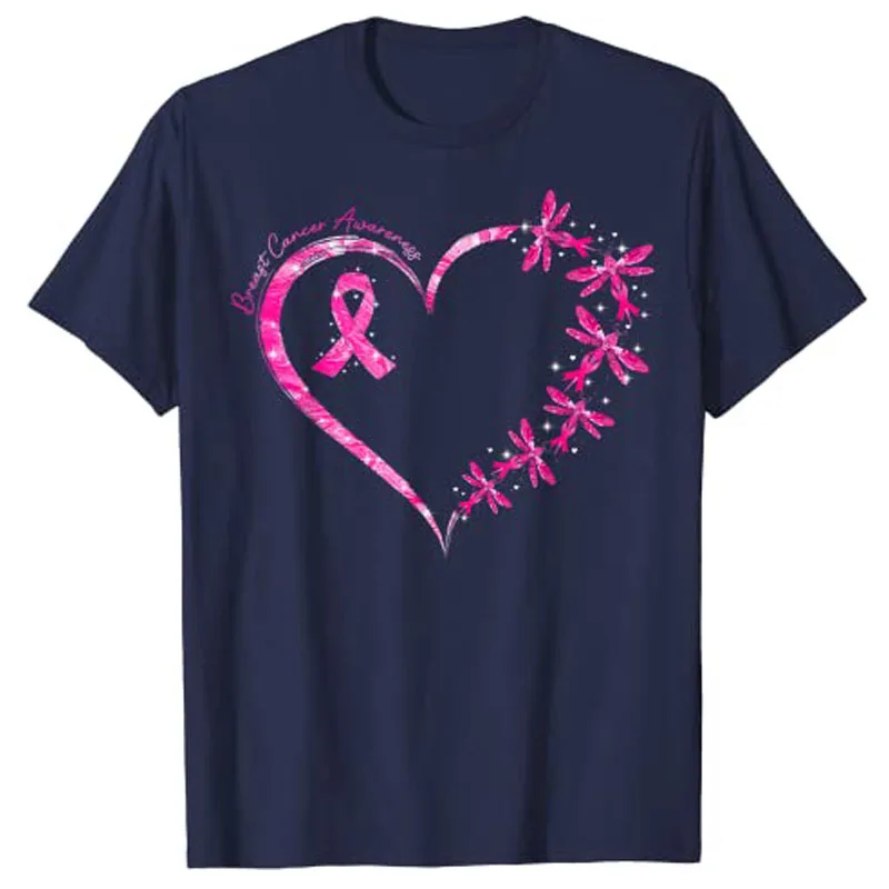 In October We Wear Pink Breast Cancer Awareness Dragonfly T-Shirt Tops Graphic Tee Shirts