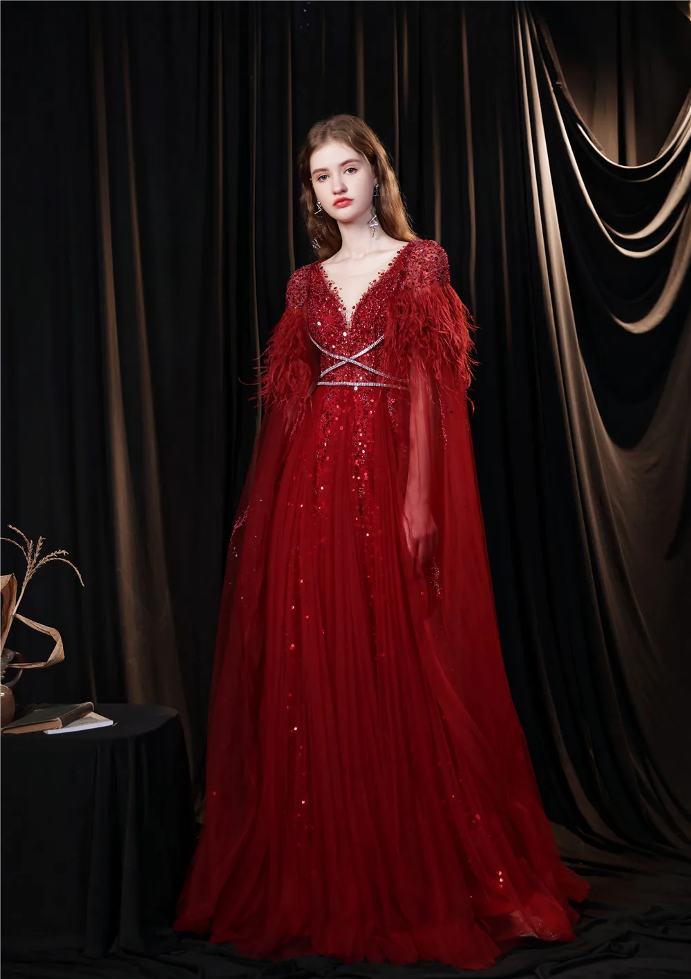 Sexy See Through Neckline Prom Gown with Shawl Sequins Beads Tulle A-line Evening Dress for Formal Occations