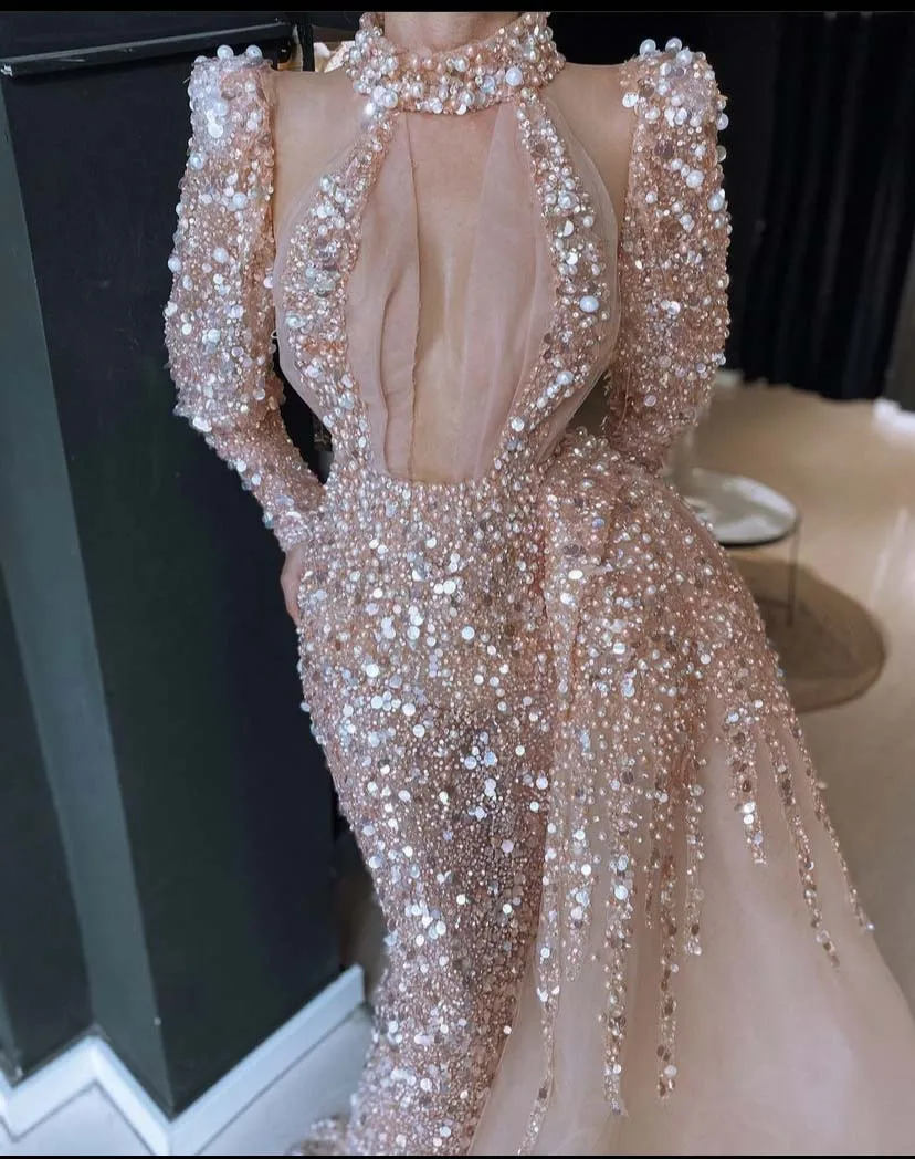 Designer Evening Dresses High Collar Beaded Shinny Long Sleeve Mermaid Rose Gold Vestidos De Fiesta with Overskirt 2022