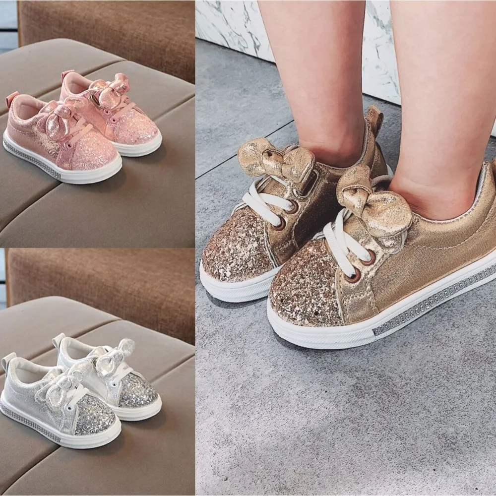 Cute Girls Casual Shoes Sneakers Toddler Baby Girls Bow Sequin Crib Trend Casual Shoes Kids Children Anti Slip Pink Dress Shoes