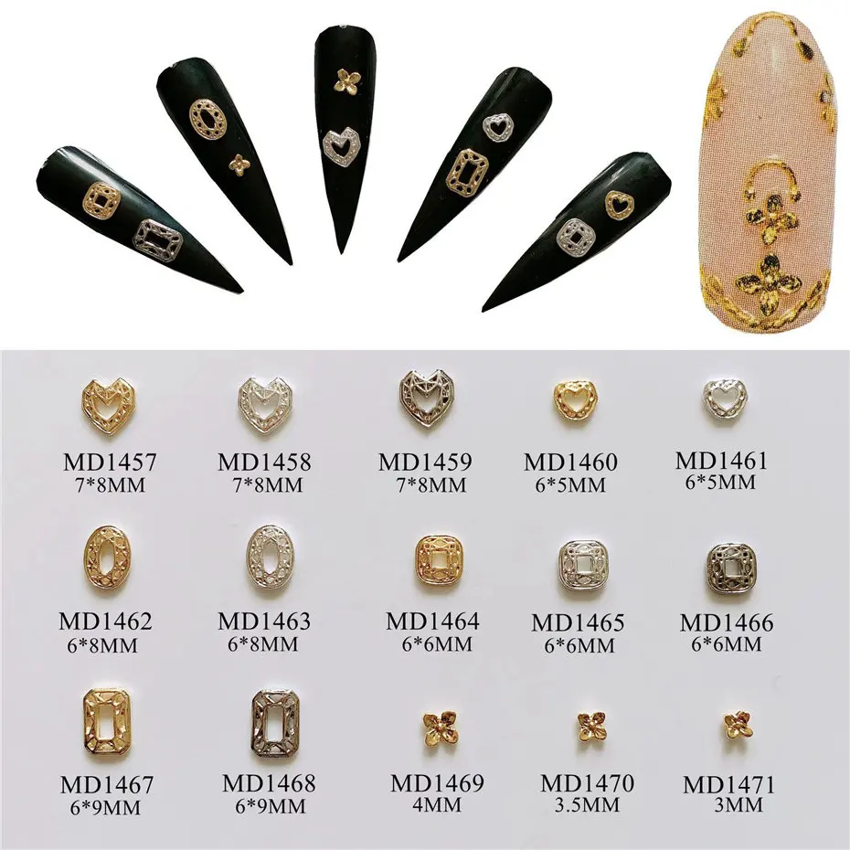 50pcs Hollow Love Rectangle Oval Flowers Alloy Metal Studs Rivets Nail Art Decorations Supplies Nails Accesorios Jewelry Charms