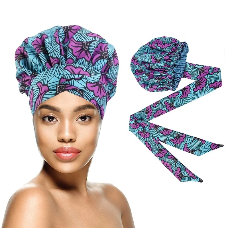 African Print Satin Bonnet with Long Ribbon Wrap Double Layer Headwrap Ankara Pattern Women Hair Cover Large Size Hair Wrap Cap