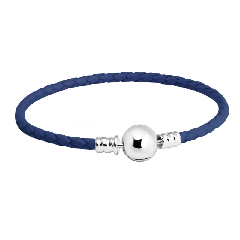 Dark Blue Leather Bracelet 925 Sterling Silver Round Clasp Women's Bracelets fine DIY Charm bangle Homme Jewellery Gift