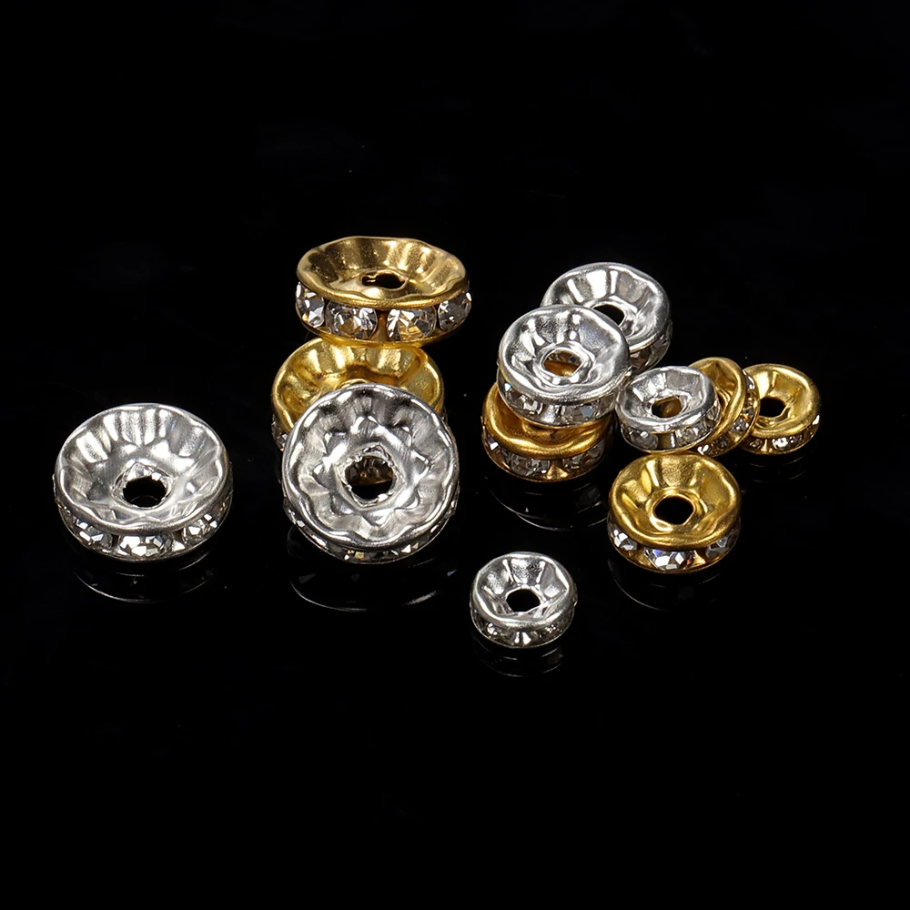 100 Uds 4/6/8 / 10mm oro plata diamantes de imitación Rondelles cuentas de cristal cuentas espaciadoras redondas sueltas para hacer joyas accesorios de bricolaje